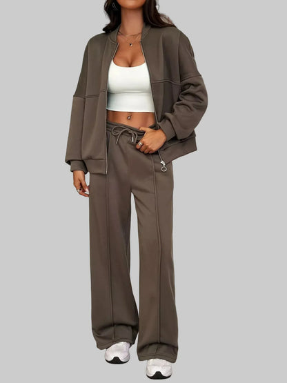 Casual Zipper Front Top and Wide Leg Pants Set Women's Sets Brown / S The Nichole Collection