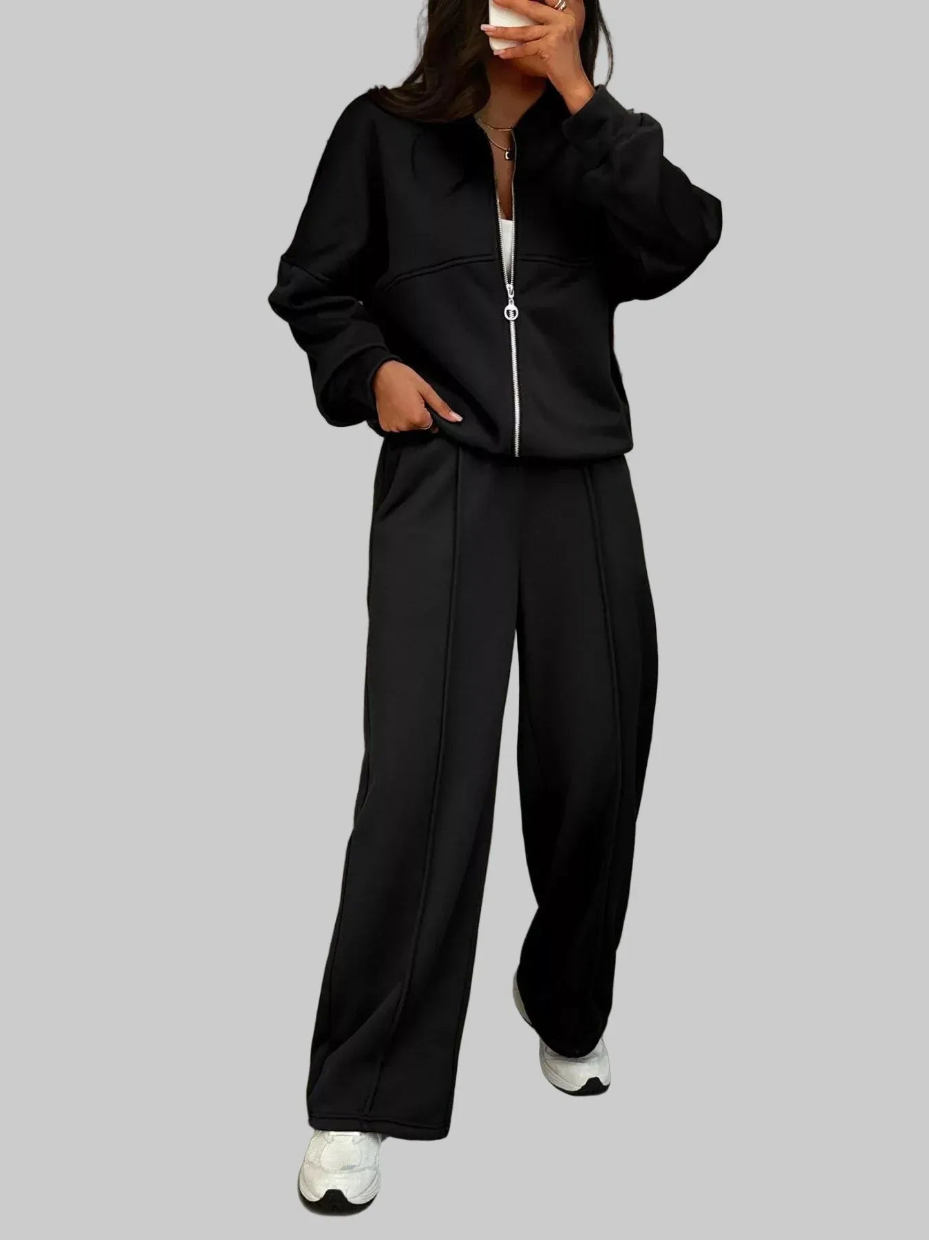 Casual Zipper Front Top and Wide Leg Pants Set Women's Sets The Nichole Collection