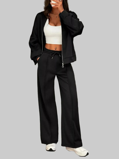 Casual Zipper Front Top and Wide Leg Pants Set Women's Sets Black / S The Nichole Collection