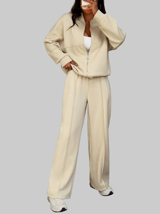 Casual Zipper Front Top and Wide Leg Pants Set Women's Sets Khaki / S The Nichole Collection