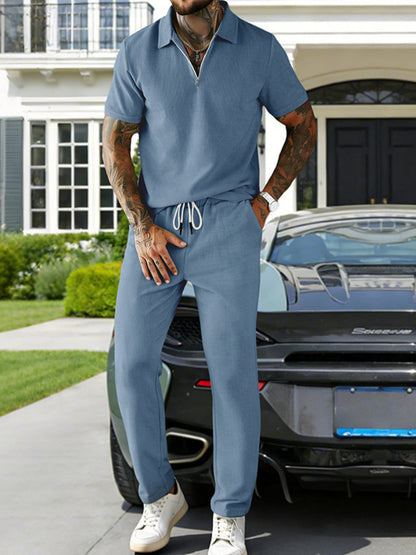 Casual Zipper Polo Shirt and Drawstring Pants Set | The Nichole Collection