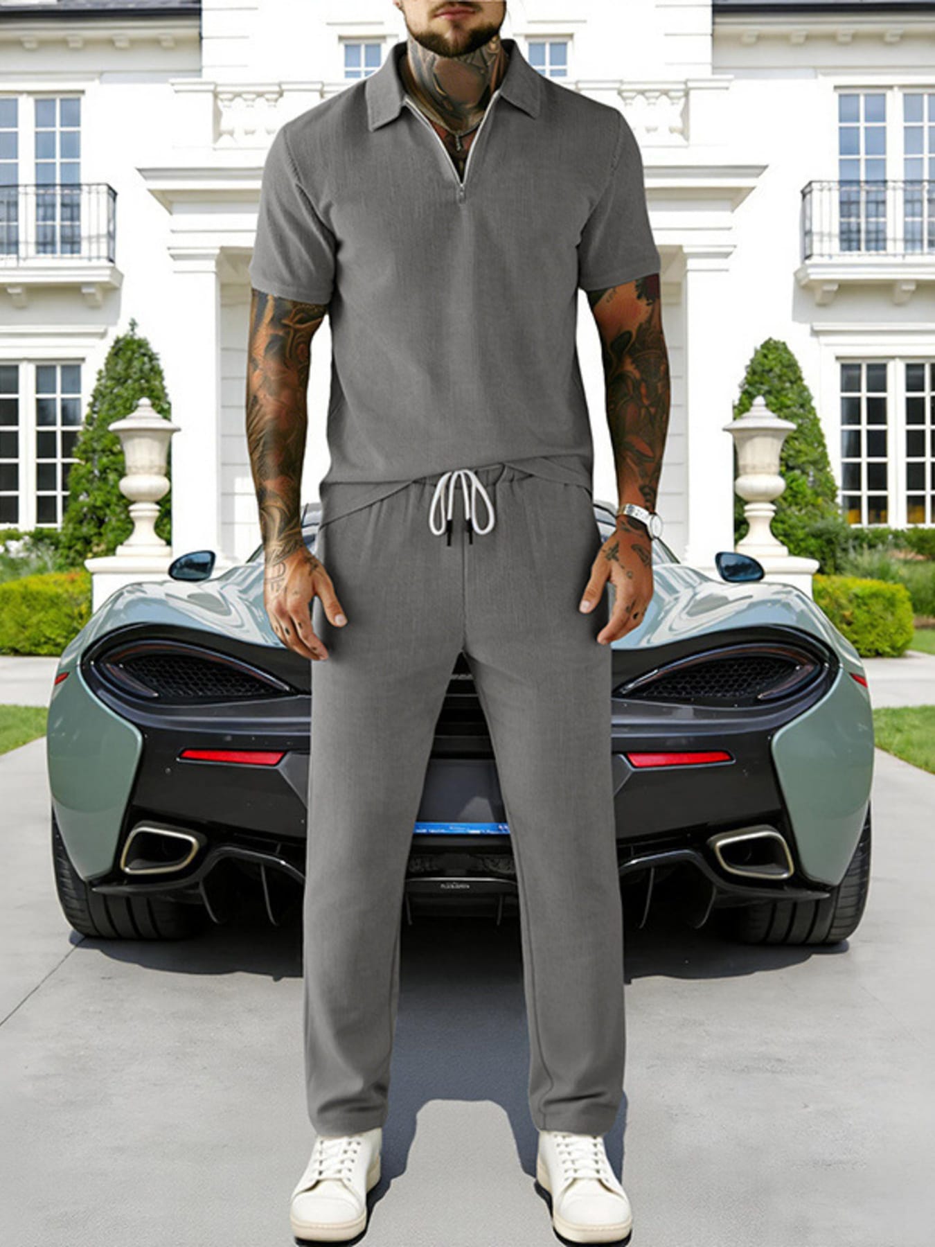 Casual Zipper Polo Shirt and Drawstring Pants Set | The Nichole Collection