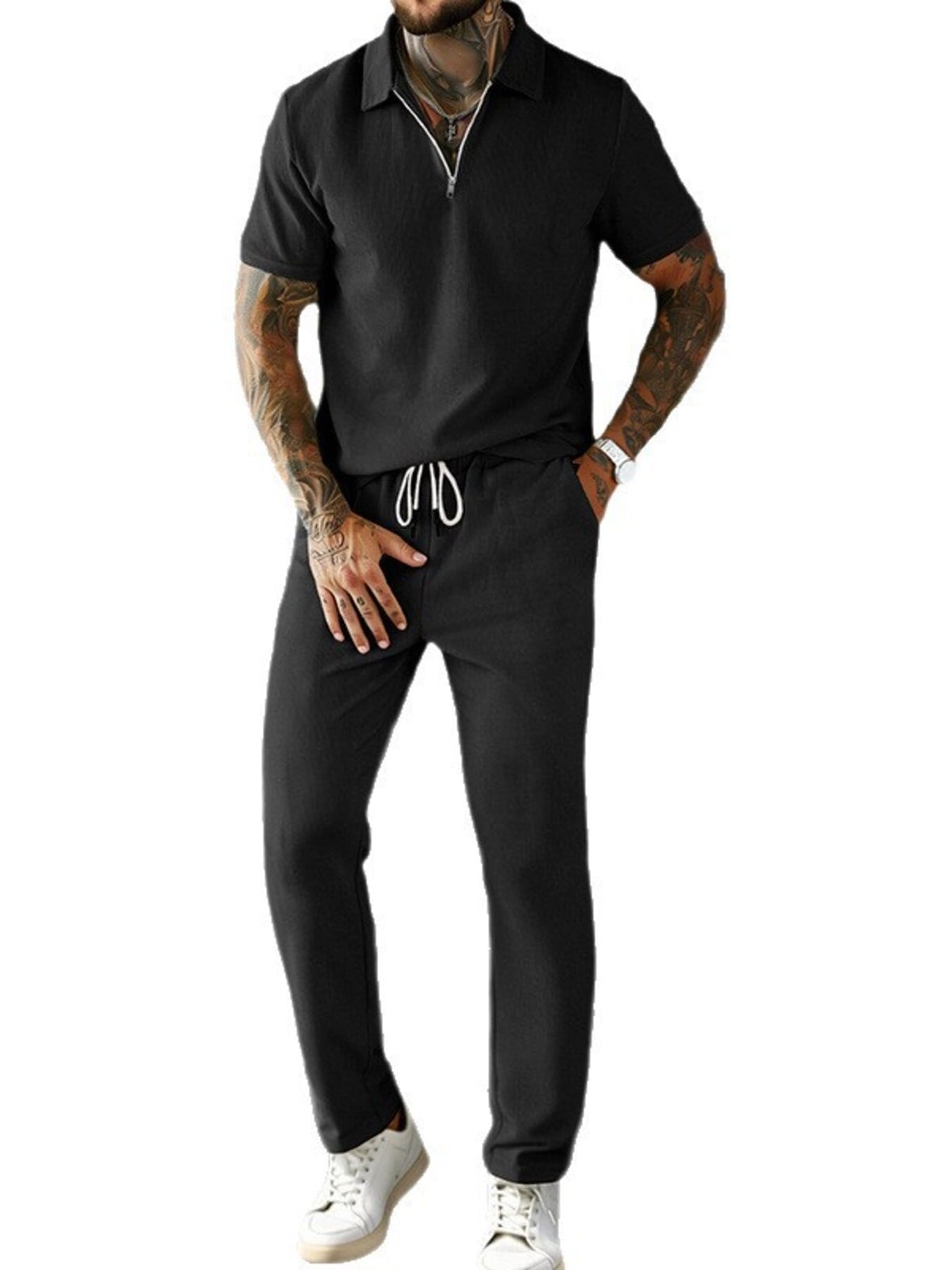 Casual Zipper Polo Shirt and Drawstring Pants Set | The Nichole Collection
