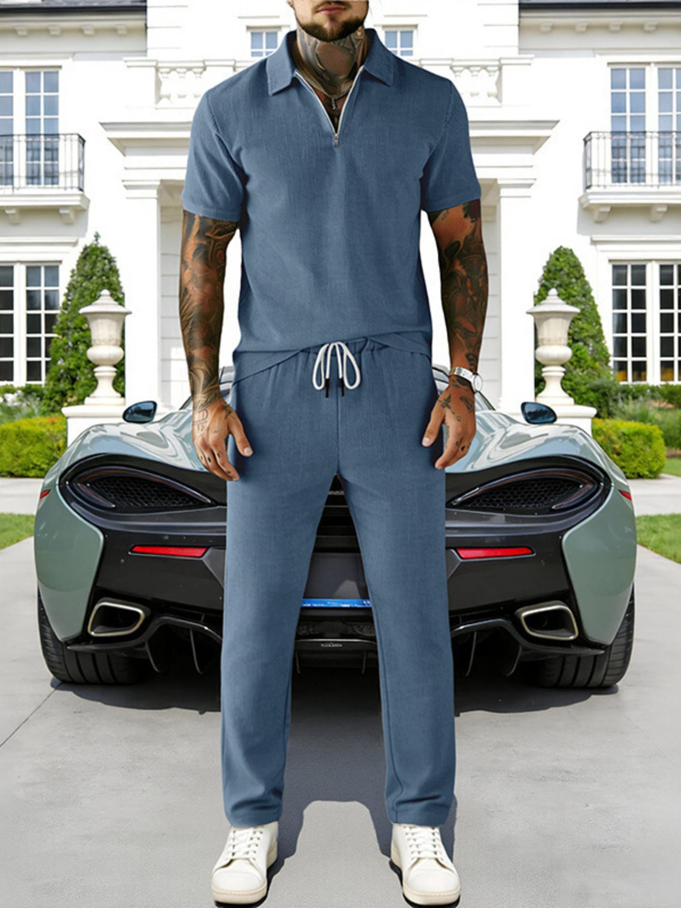 Casual Zipper Polo Shirt and Drawstring Pants Set | The Nichole Collection