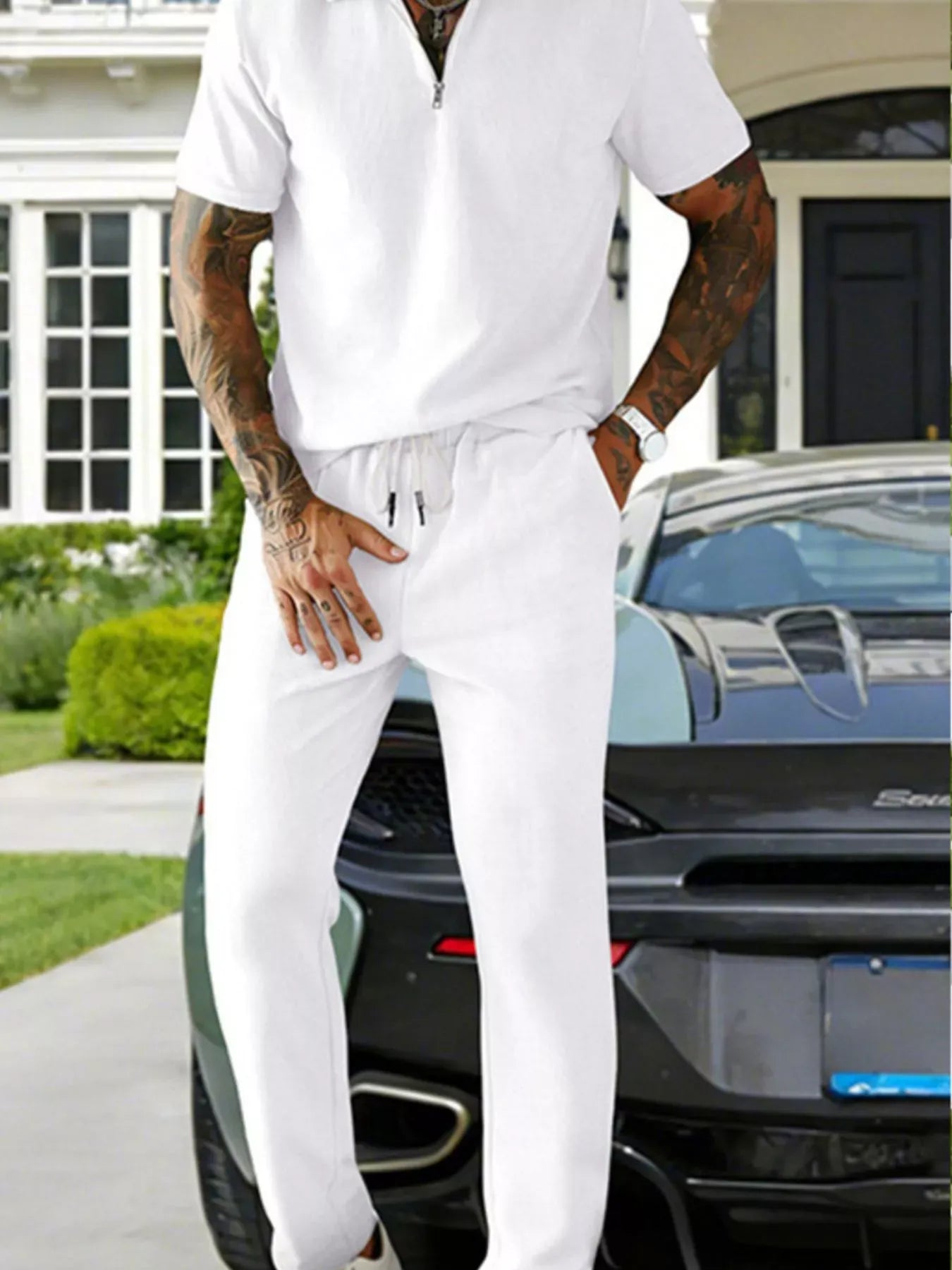 Casual Zipper Polo Shirt and Drawstring Pants Set | The Nichole Collection