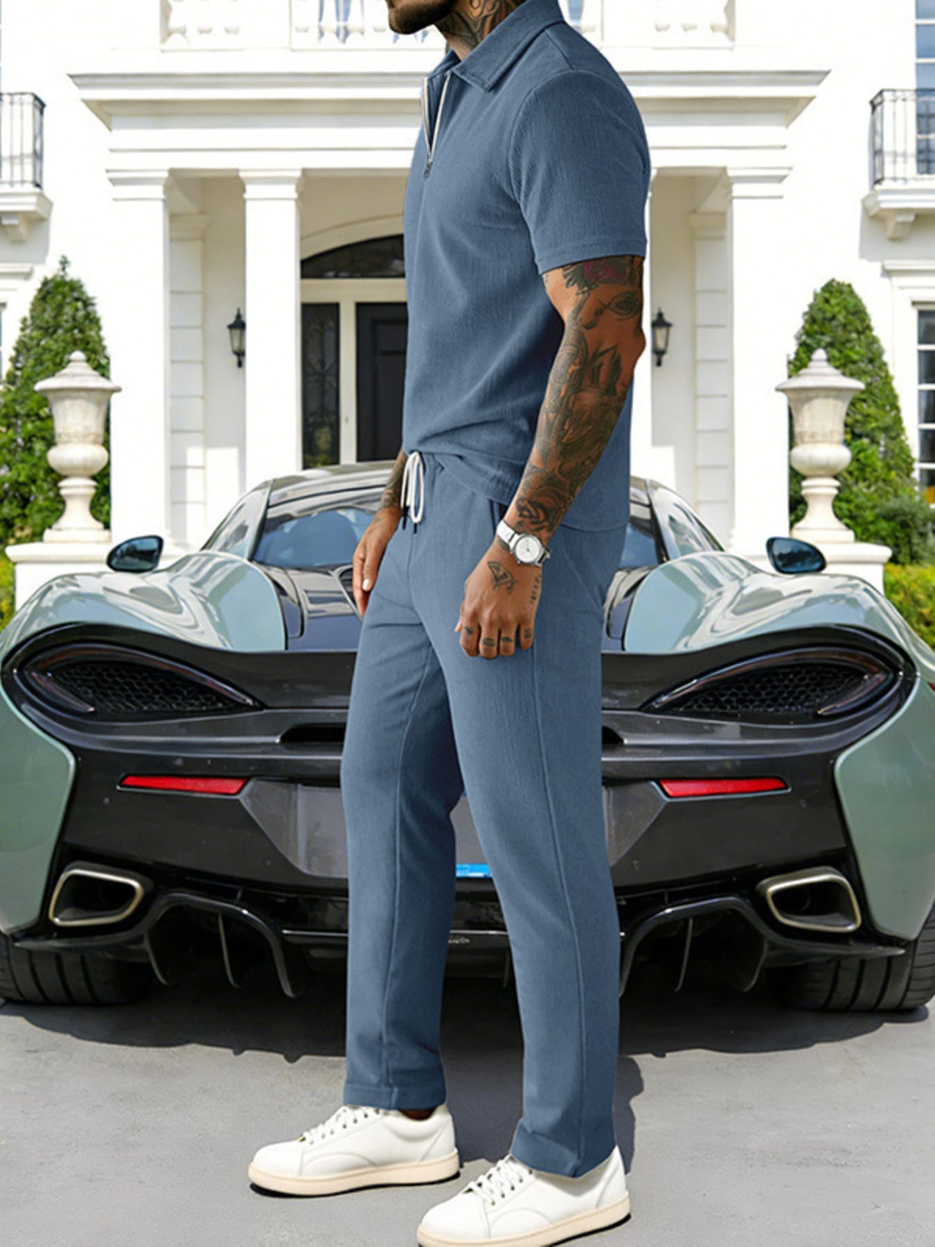 Casual Zipper Polo Shirt and Drawstring Pants Set | The Nichole Collection