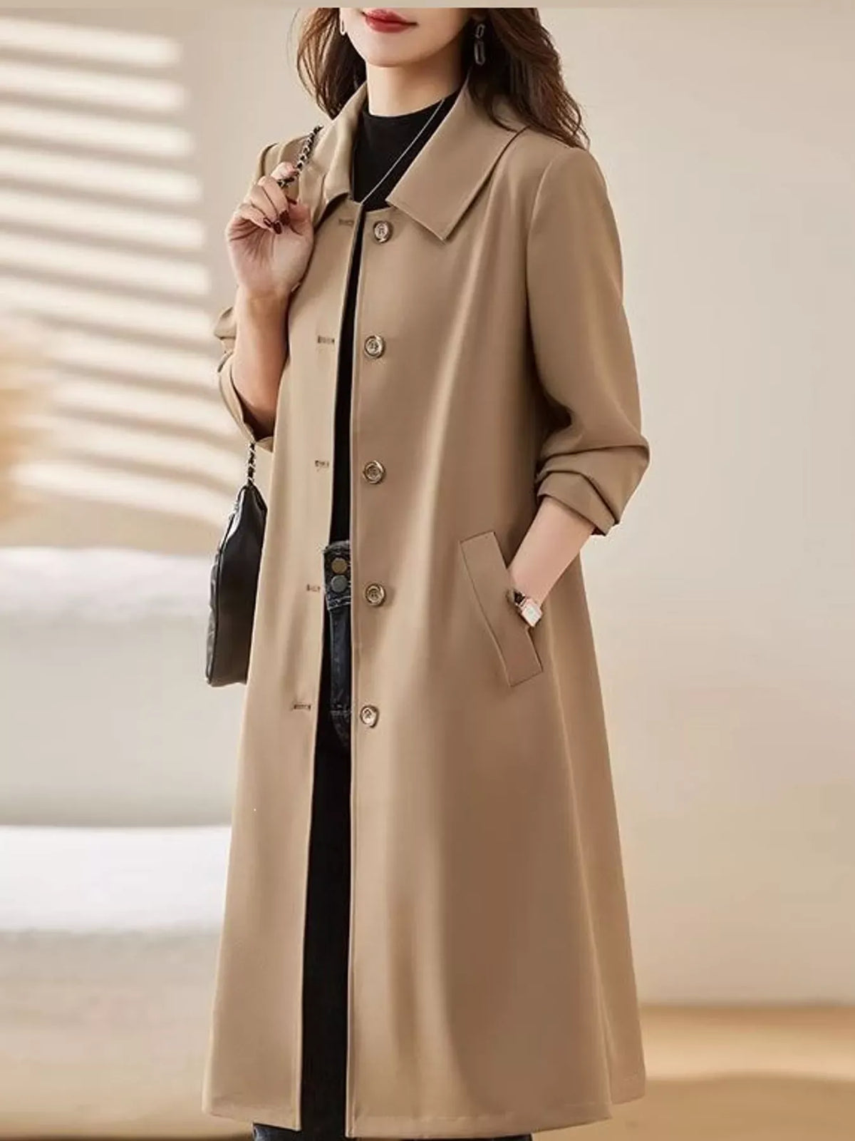 Single-Breasted Button-Front Coat - Camel-Lined / M