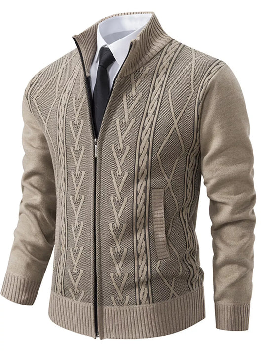 Men's Stand-Collar Full-Zip Detailed Cable-Knit Cardigan Jonathan M Collection