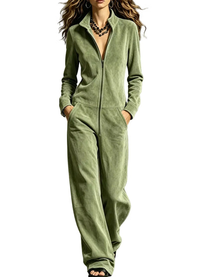 Velour Zip-Up Jumpsuit with Pockets The Nichole Collection