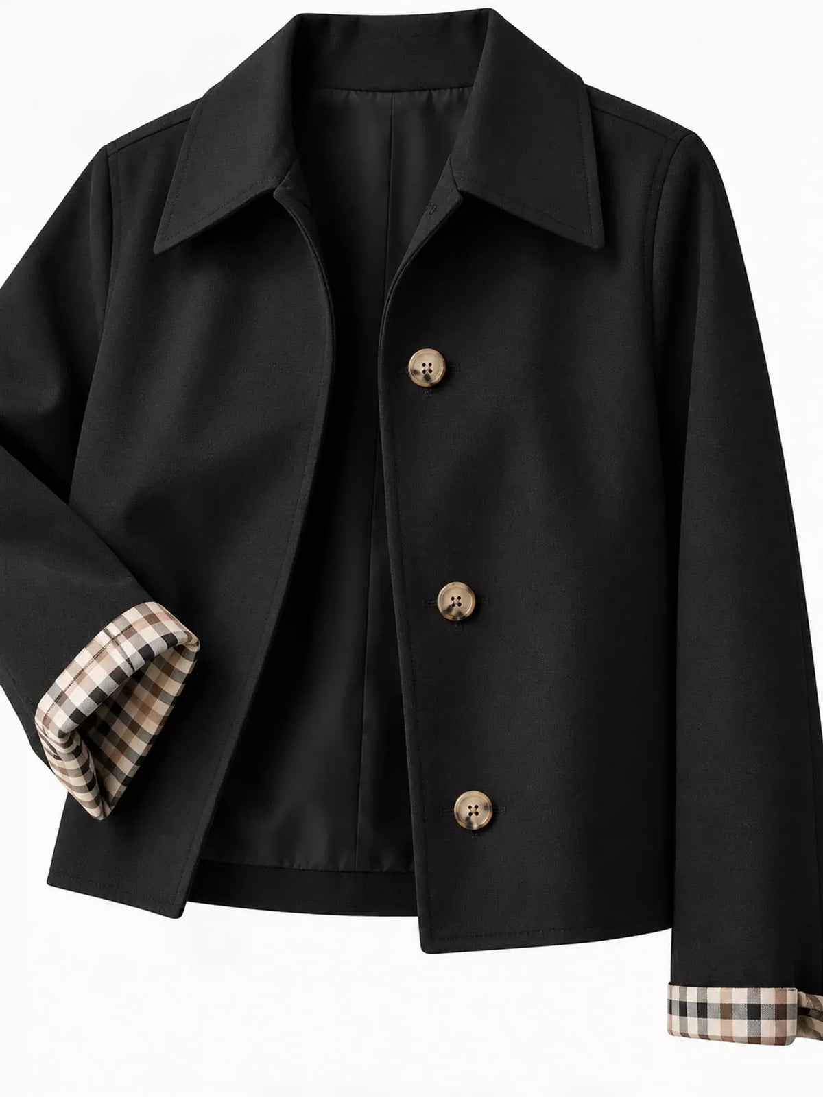Plaid-Cuff Cropped Trench Jacket The Nichole Collection