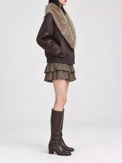 Faux-Fur Collar Vegan Leather Bomber Jacket The Nichole Collection
