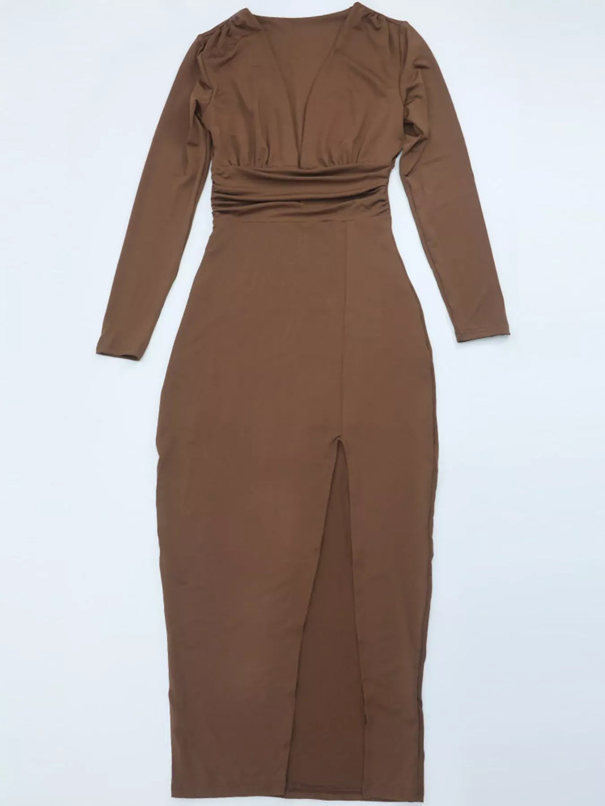 Long-Sleeve Deep V-Neck Ruched High-Slit Bodycon Dress The Nichole Collection - Official Site