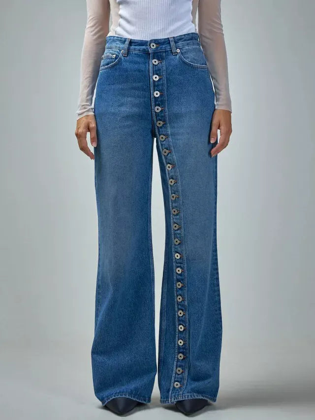 High-Waisted Asymmetric Button-Detail Wide-Leg Jeans The Nichole Collection - Official Site