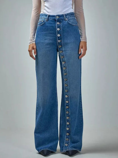 High-Waisted Asymmetric Button-Detail Wide-Leg Jeans The Nichole Collection - Official Site