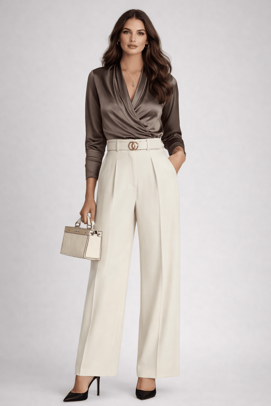 Charmeuse Deep V-Neck Long Sleeve Blouse Blouses The Nichole Collection - Official Site