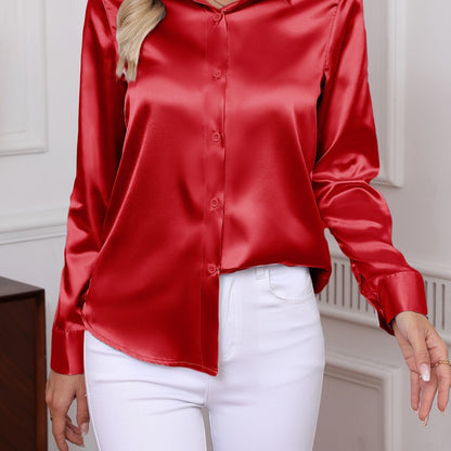 Charmeuse Satin-Feel Holiday Luxe Button-Up Blouse Blouses Red / XS The Nichole Collection