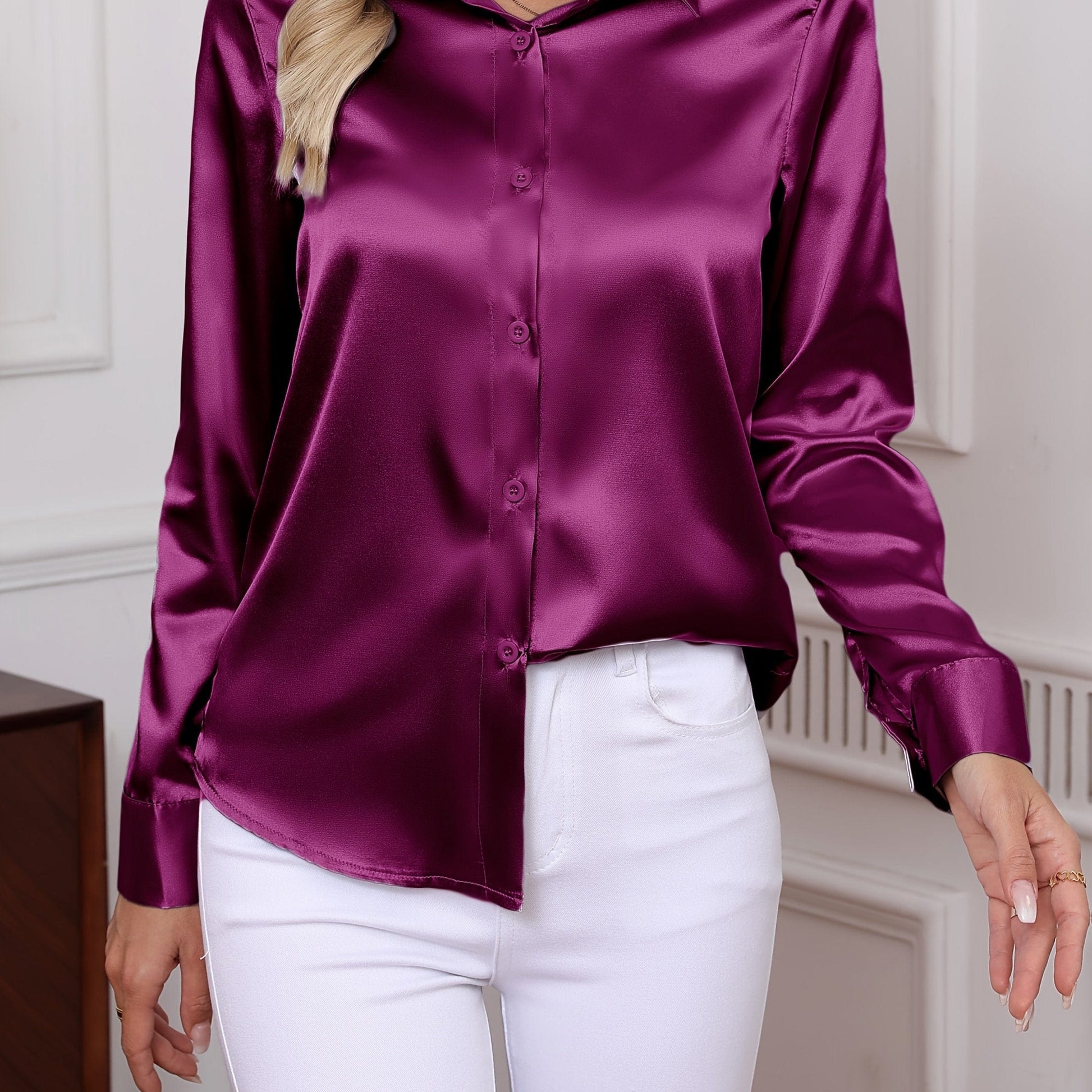 Charmeuse Satin-Feel Holiday Luxe Button-Up Blouse Blouses Purple / XS The Nichole Collection