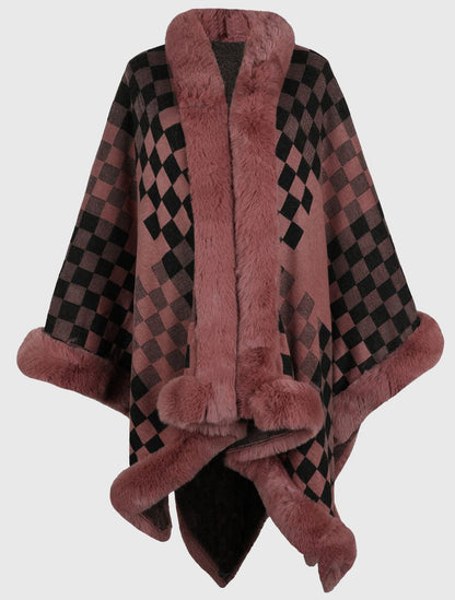 Checkered Faux Fur Trim Poncho Poncho Burnt Coral / One Size The Nichole Collection