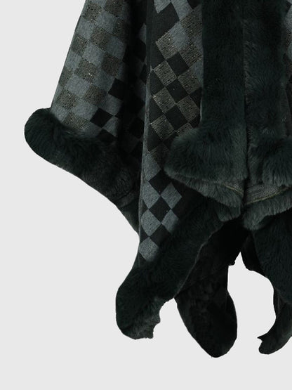 Checkered Faux Fur Trim Poncho Poncho The Nichole Collection