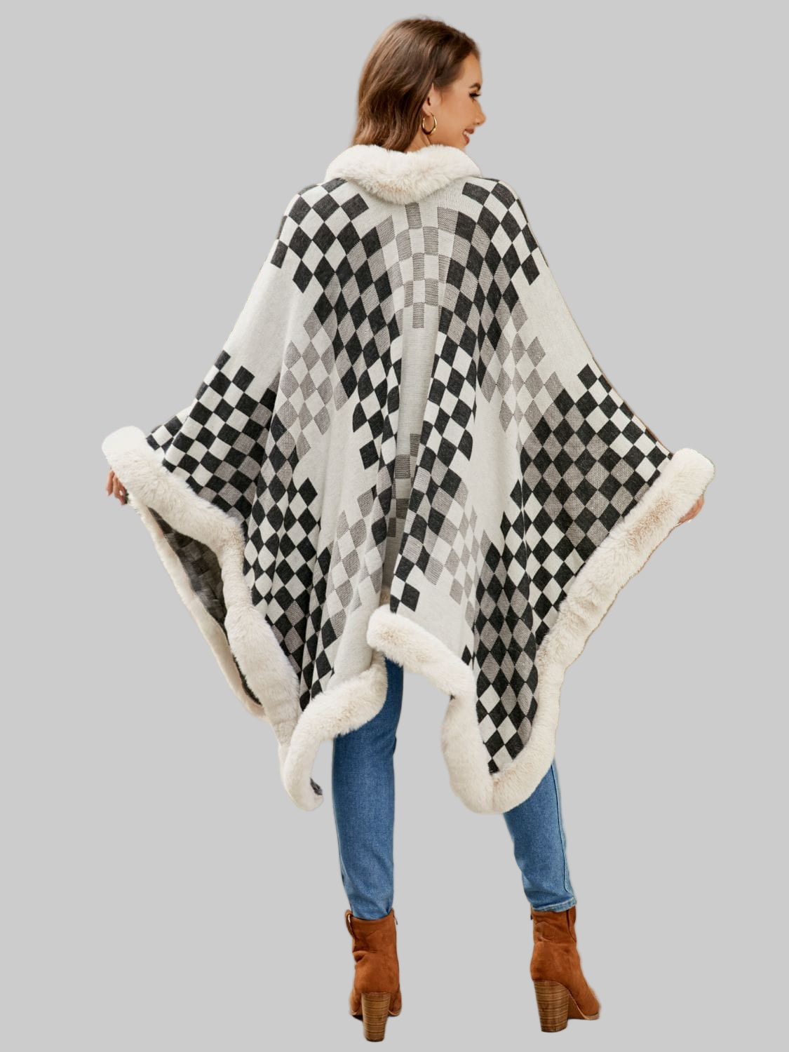 Checkered Faux Fur Trim Poncho Poncho The Nichole Collection