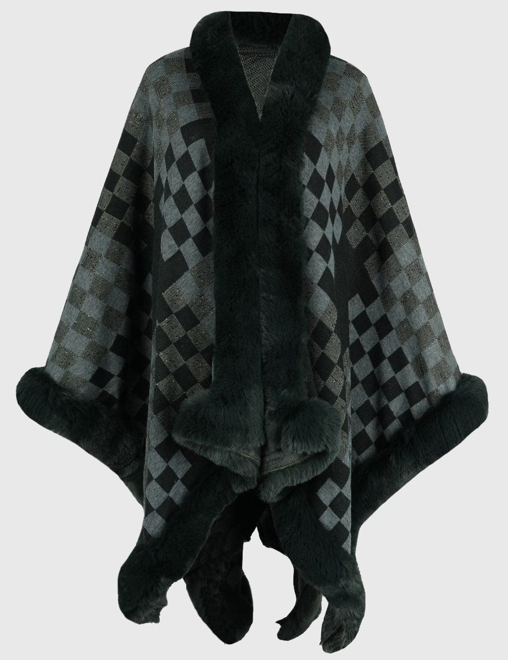 Checkered Faux Fur Trim Poncho Poncho Sage / One Size The Nichole Collection