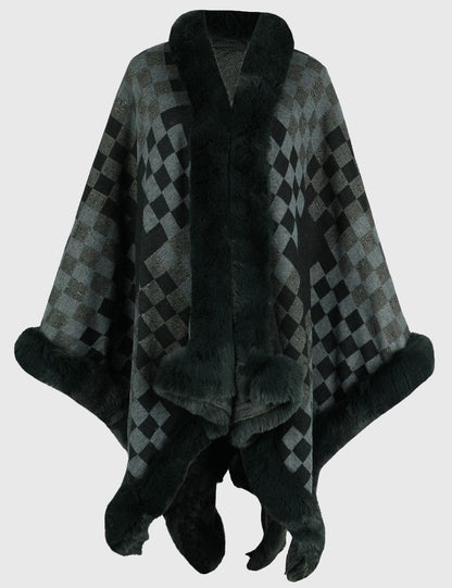 Checkered Faux Fur Trim Poncho Poncho Sage / One Size The Nichole Collection