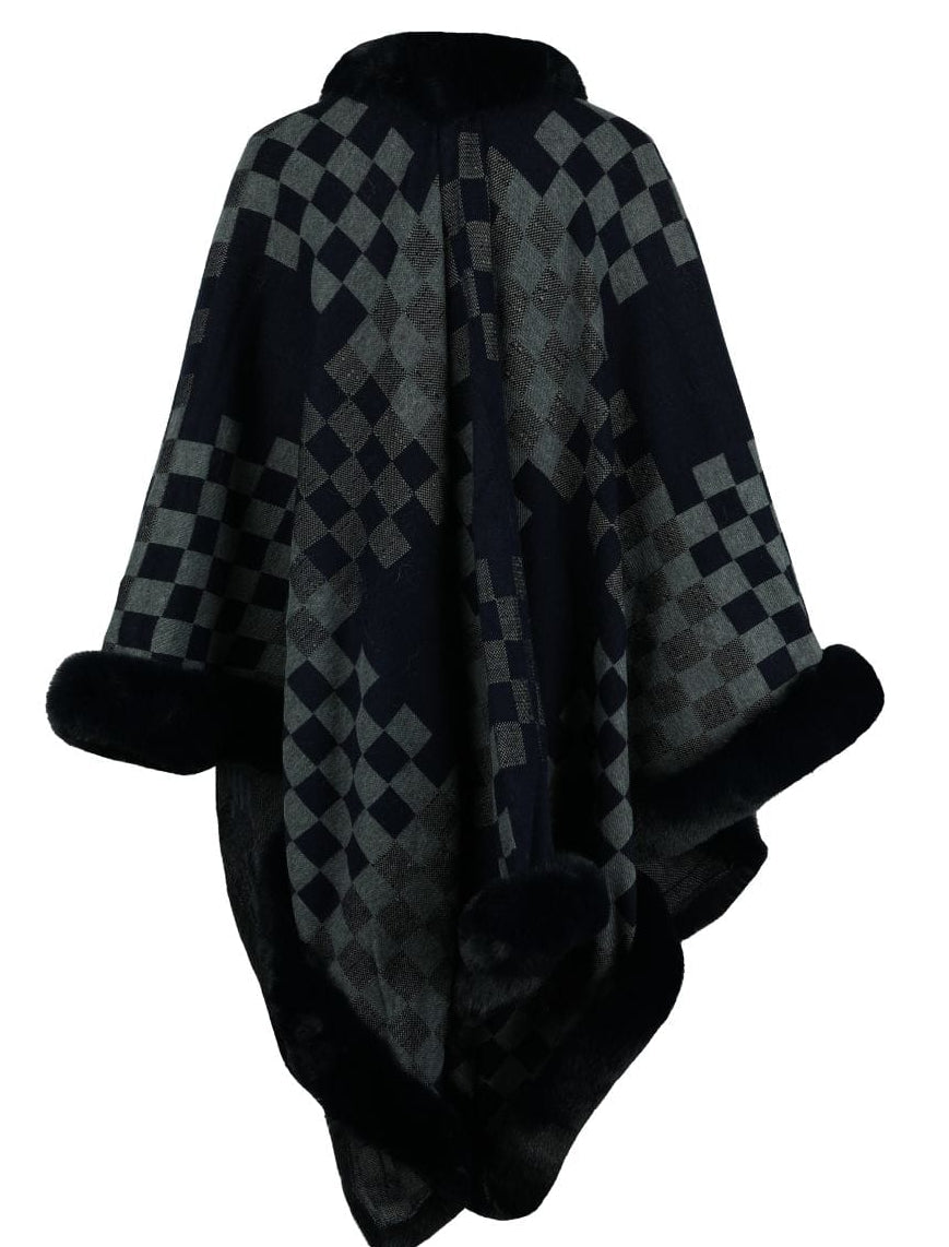 Checkered Faux Fur Trim Poncho Poncho The Nichole Collection