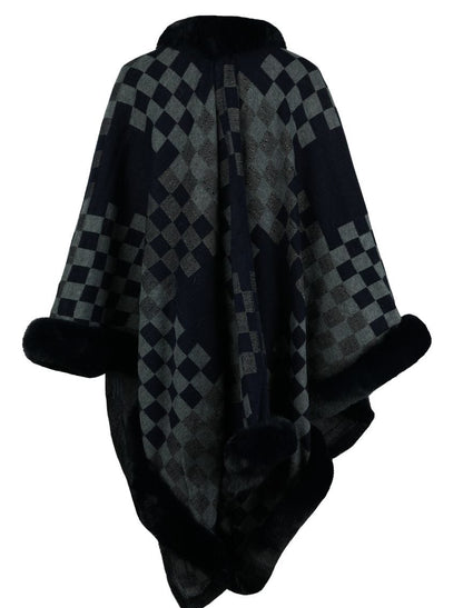 Checkered Faux Fur Trim Poncho Poncho The Nichole Collection