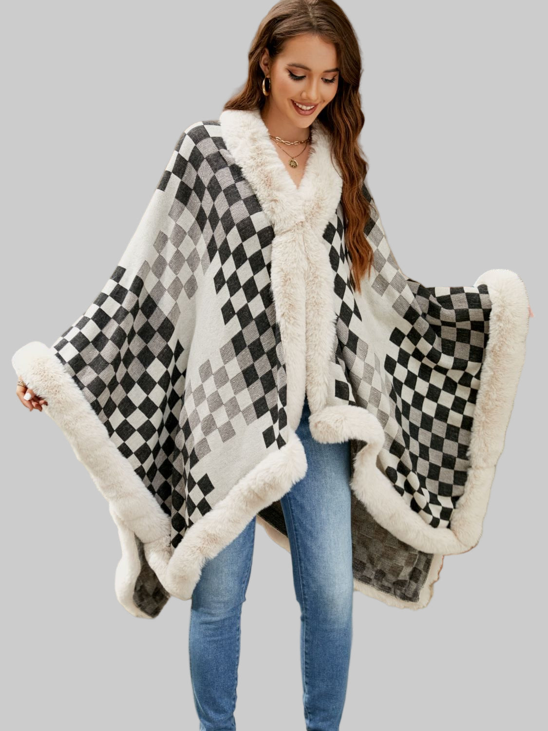 Checkered Faux Fur Trim Poncho Poncho The Nichole Collection