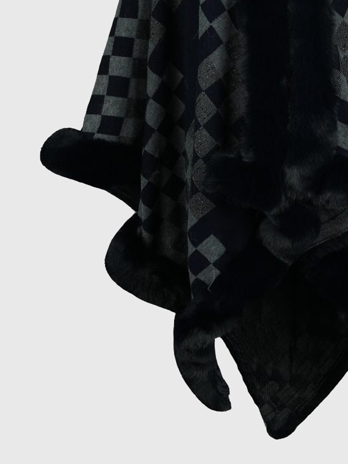 Checkered Faux Fur Trim Poncho Poncho The Nichole Collection