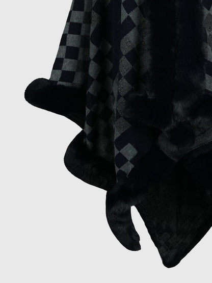 Checkered Faux Fur Trim Poncho Poncho The Nichole Collection