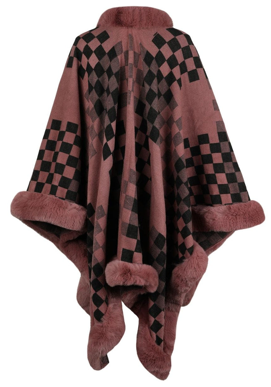 Checkered Faux Fur Trim Poncho Poncho The Nichole Collection