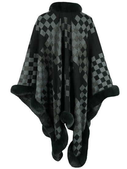 Checkered Faux Fur Trim Poncho Poncho The Nichole Collection