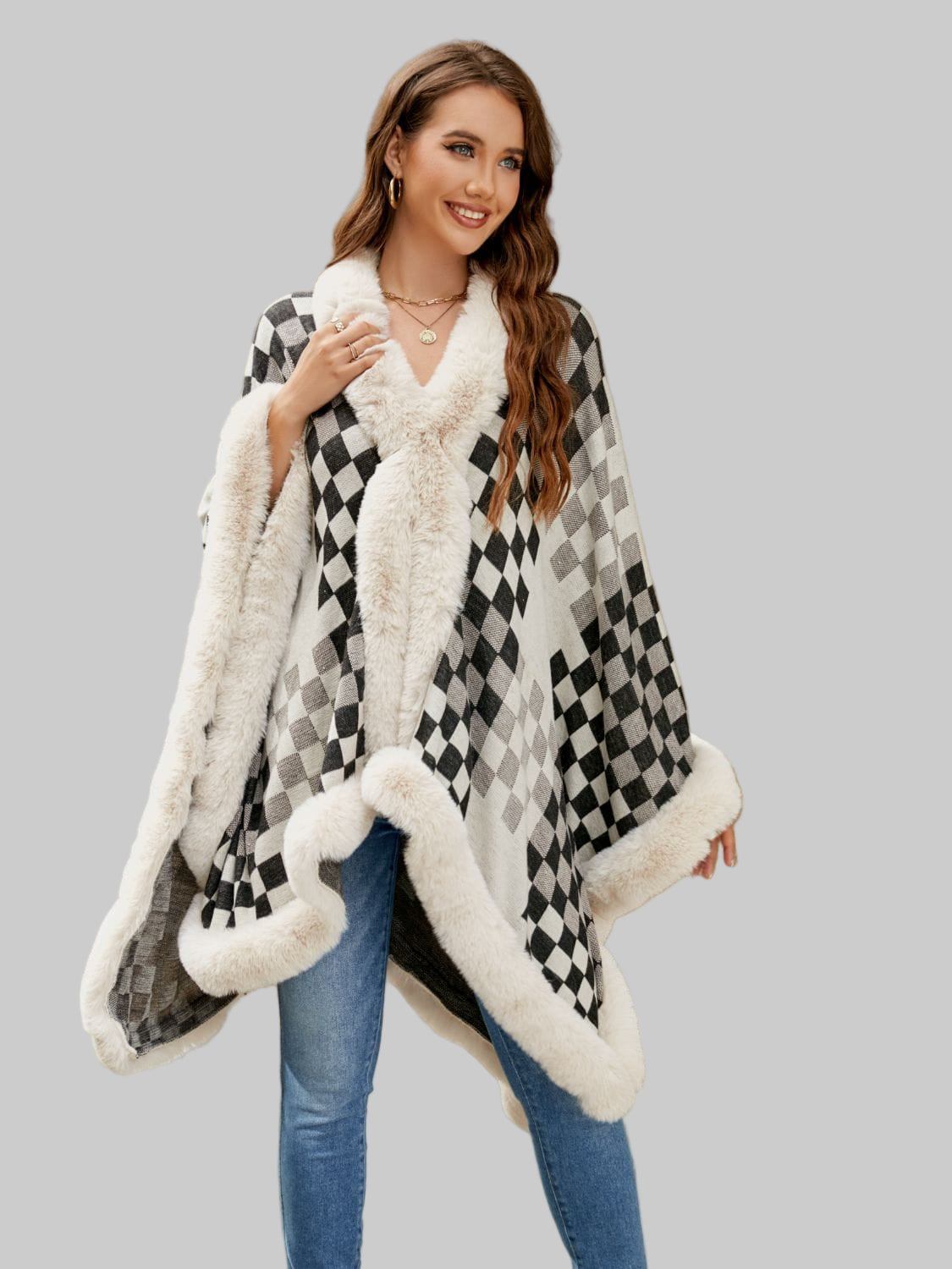 Checkered Faux Fur Trim Poncho Poncho The Nichole Collection