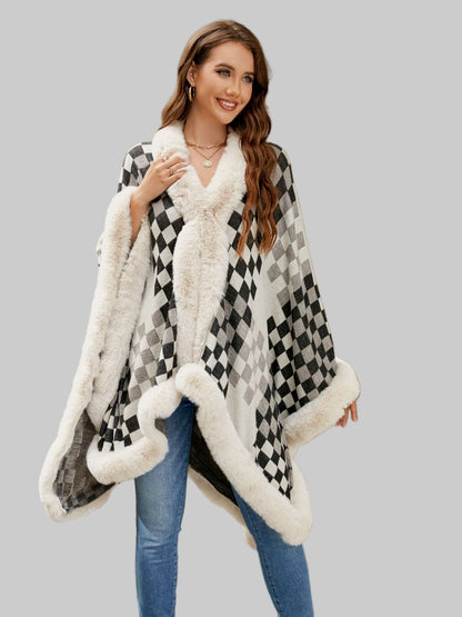 Checkered Faux Fur Trim Poncho Poncho The Nichole Collection