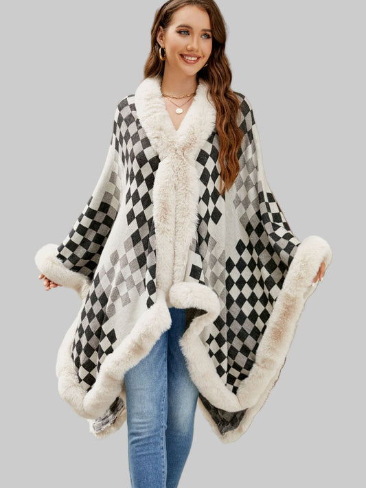 Checkered Faux Fur Trim Poncho Poncho Ivory / One Size The Nichole Collection
