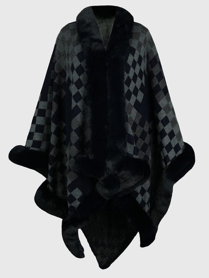 Checkered Faux Fur Trim Poncho Poncho Charcoal / One Size The Nichole Collection