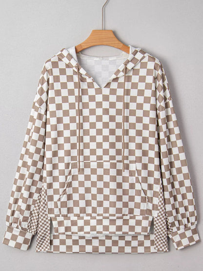 Checkered Pattern Oversized Drawstring Hoodie Hoodies The Nichole Collection