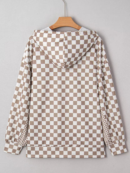 Checkered Pattern Oversized Drawstring Hoodie Hoodies The Nichole Collection