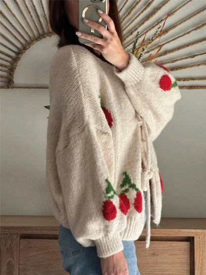 Cherry Pattern Tie-Front Oversized Cardigan Cardigan The Nichole Collection