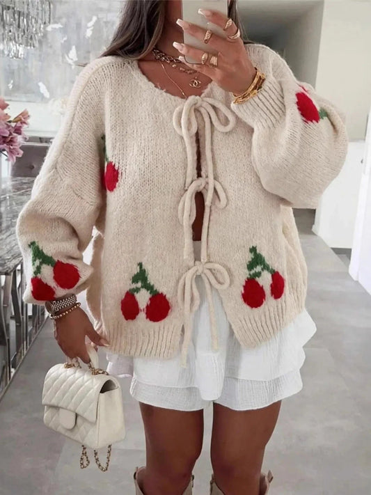 Cherry Pattern Tie-Front Oversized Cardigan Cardigan The Nichole Collection