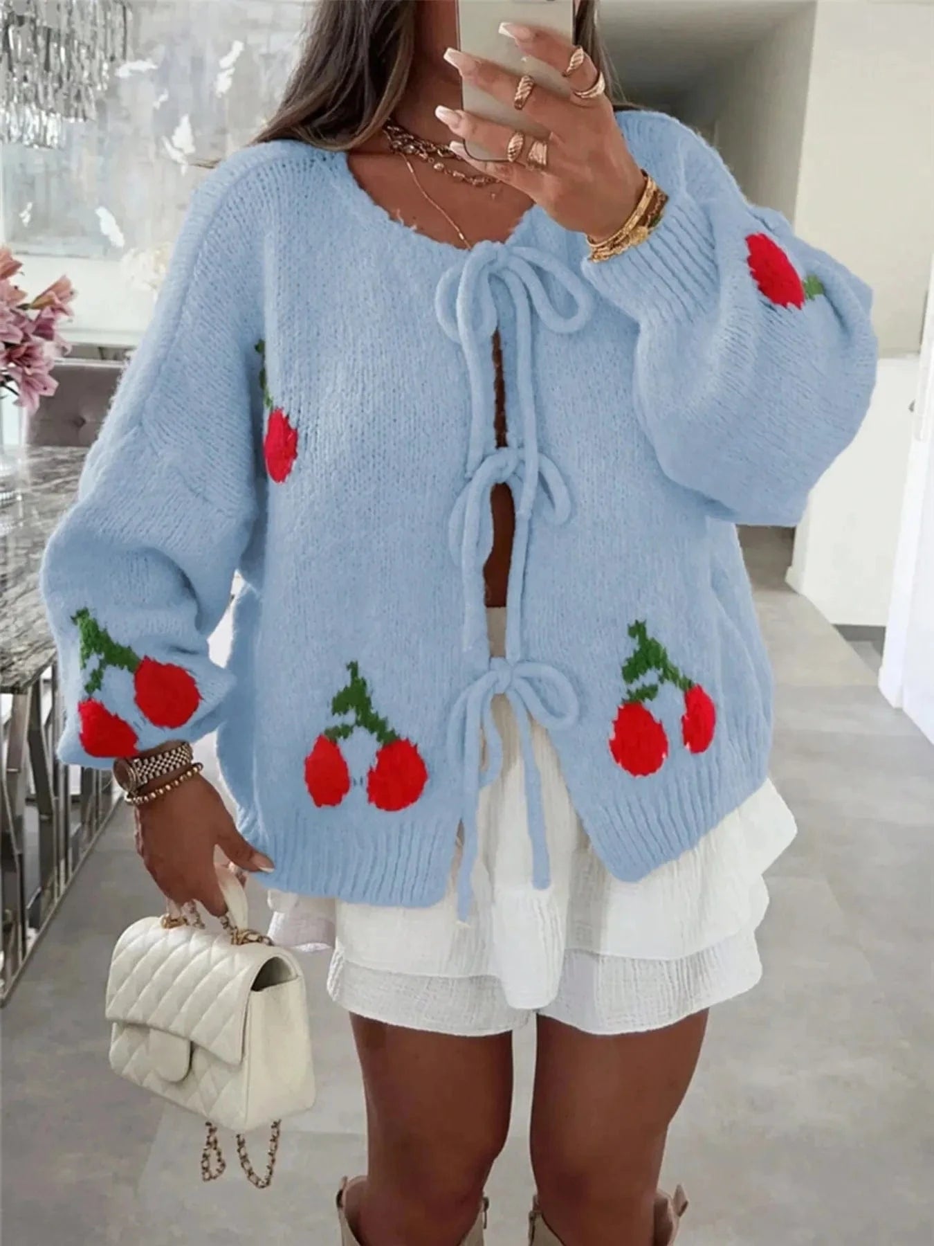 Cherry Pattern Tie-Front Oversized Cardigan Cardigan Light Blue / S The Nichole Collection