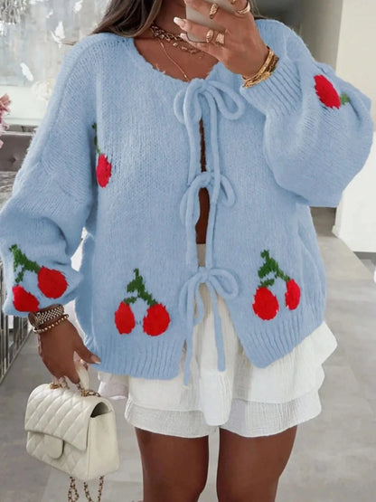 Cherry Pattern Tie-Front Oversized Cardigan Cardigan The Nichole Collection