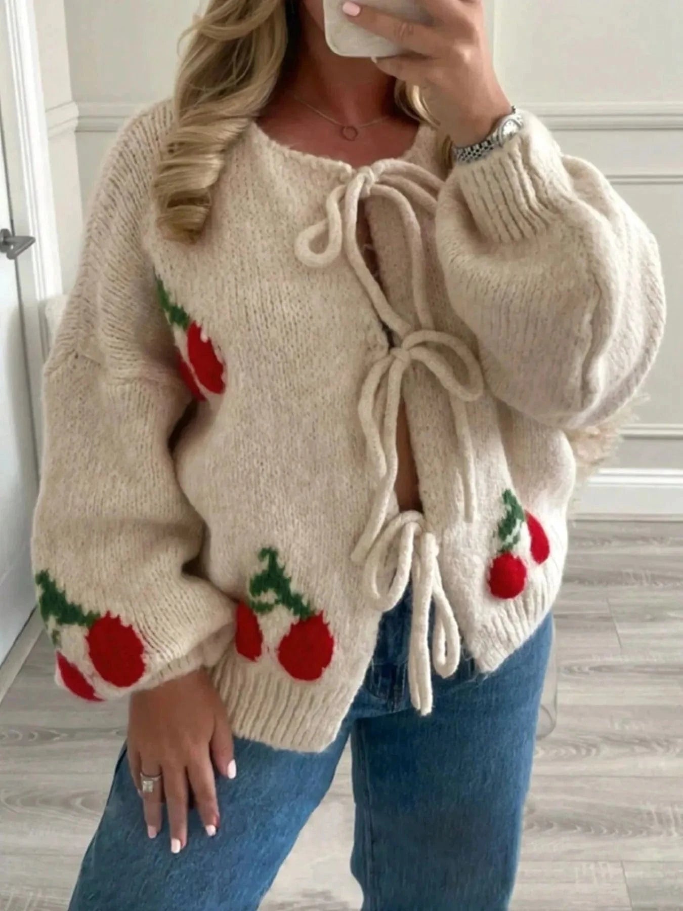 Cherry Pattern Tie-Front Oversized Cardigan Cardigan Khaki / S The Nichole Collection