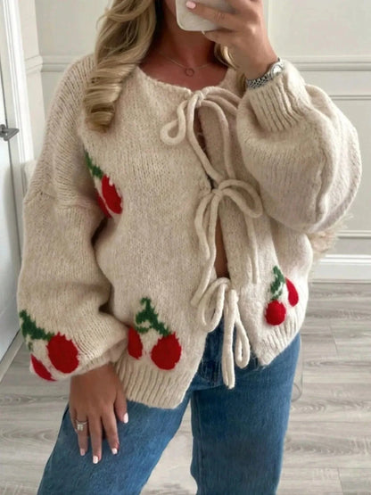 Cherry Pattern Tie-Front Oversized Cardigan Cardigan Khaki / S The Nichole Collection