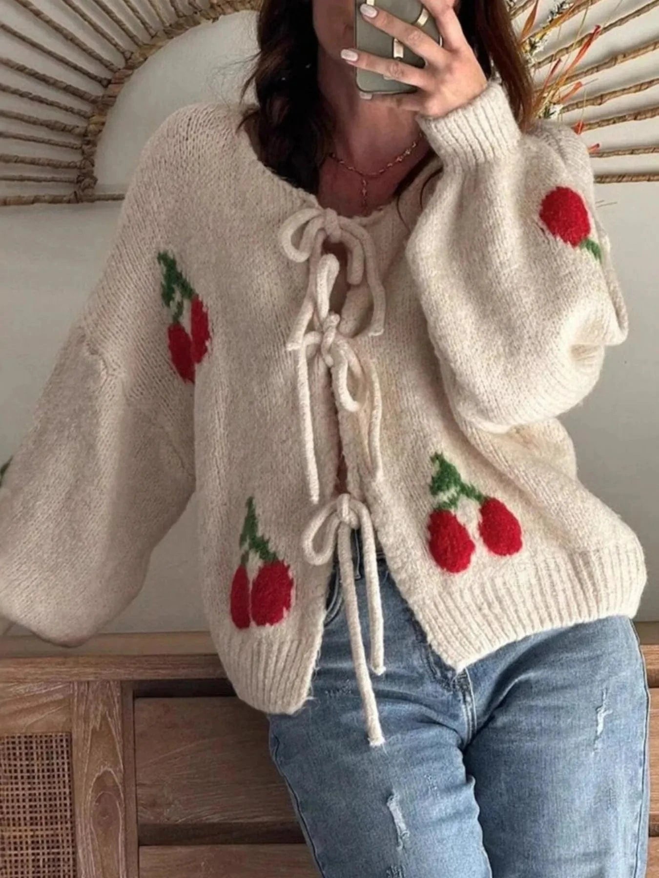 Cherry Pattern Tie-Front Oversized Cardigan Cardigan The Nichole Collection