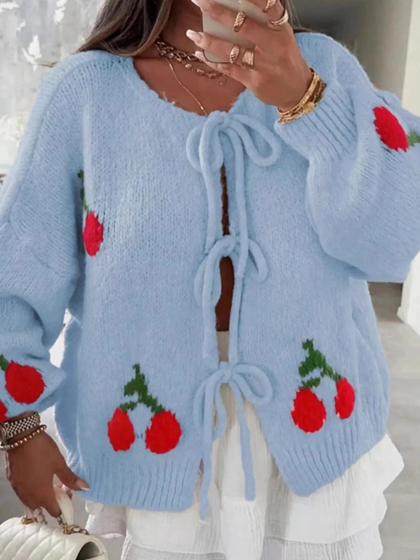 Cherry Pattern Tie-Front Oversized Cardigan Cardigan The Nichole Collection