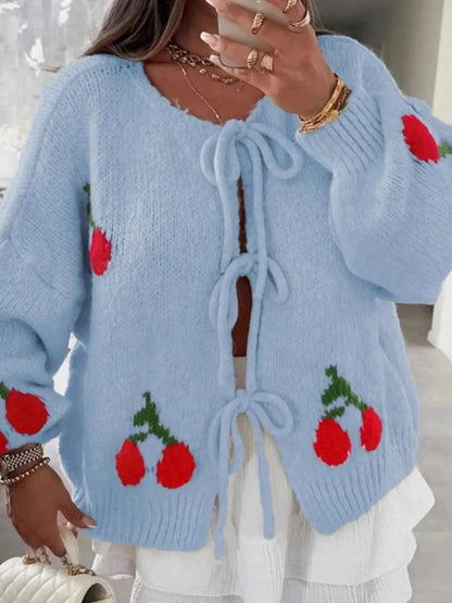 Cherry Pattern Tie-Front Oversized Cardigan Cardigan The Nichole Collection