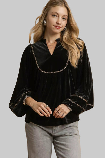 Chic Velvet Top with Signature Contrast Detailing Black / S The Nichole Collection