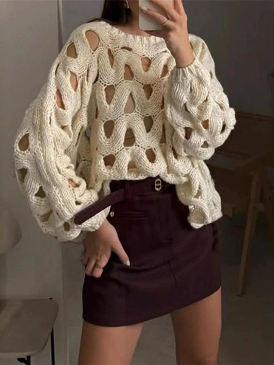 Chunky Cable Knit Hollow Out Sweater Sweaters Beige / S The Nichole Collection